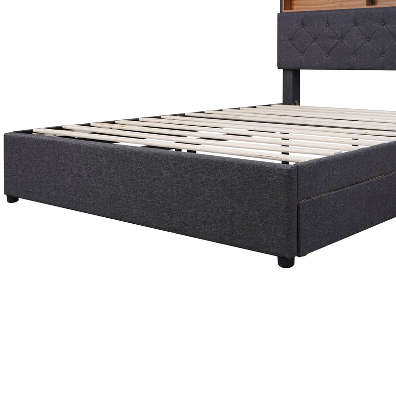 Full Size Upholstered Platform Bed with Storage Headboard, LED, USB Charging and 2 Drawers, Dark Gray - Supfirm