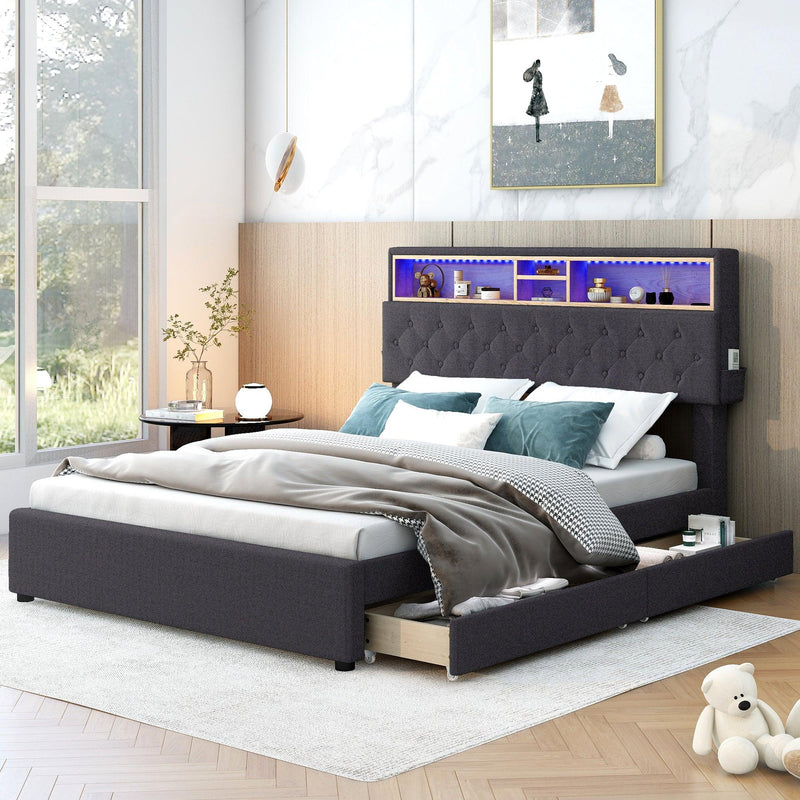 Full Size Upholstered Platform Bed with Storage Headboard, LED, USB Charging and 2 Drawers, Dark Gray - Supfirm