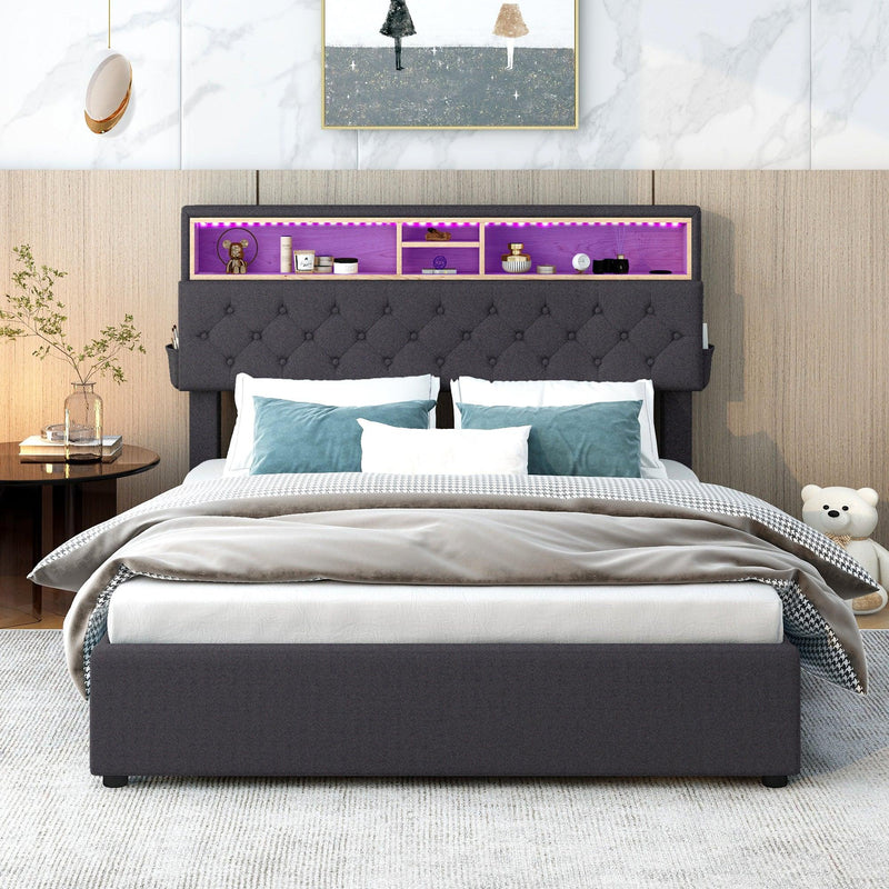 Full Size Upholstered Platform Bed with Storage Headboard, LED, USB Charging and 2 Drawers, Dark Gray - Supfirm