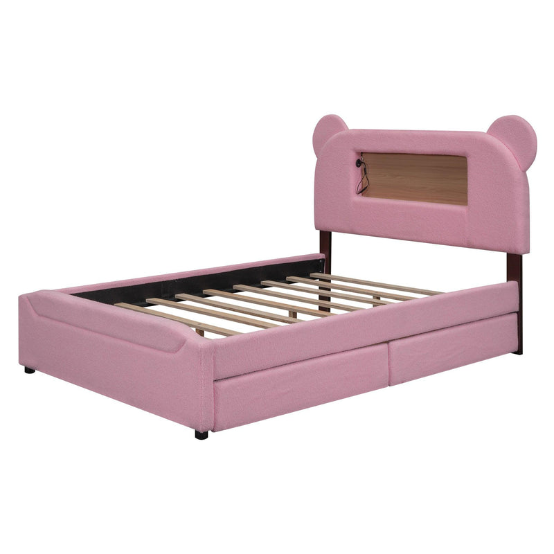 Full Size Upholstered Storage Platform Bed with Cartoon Ears Headboard, LED and USB, Pink - Supfirm