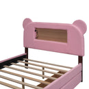 Full Size Upholstered Storage Platform Bed with Cartoon Ears Headboard, LED and USB, Pink - Supfirm