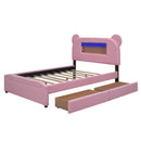 Full Size Upholstered Storage Platform Bed with Cartoon Ears Headboard, LED and USB, Pink - Supfirm