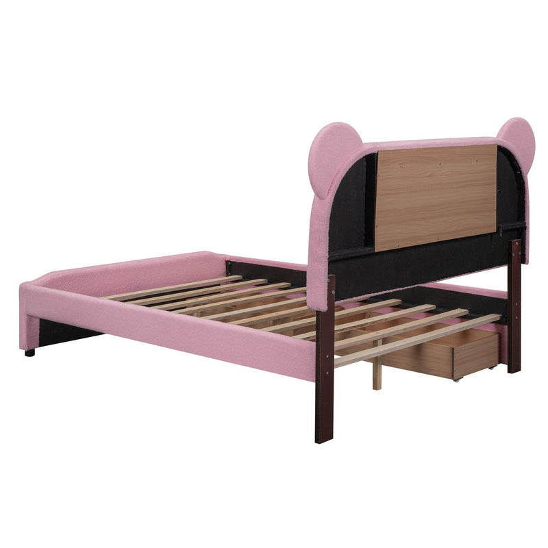 Full Size Upholstered Storage Platform Bed with Cartoon Ears Headboard, LED and USB, Pink - Supfirm