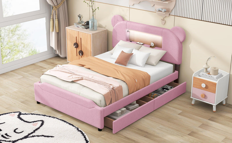 Full Size Upholstered Storage Platform Bed with Cartoon Ears Headboard, LED and USB, Pink - Supfirm