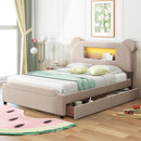 Full Size Upholstered Storage Platform Bed with Cartoon Ears Shaped Headboard, LED and USB, Beige - Supfirm