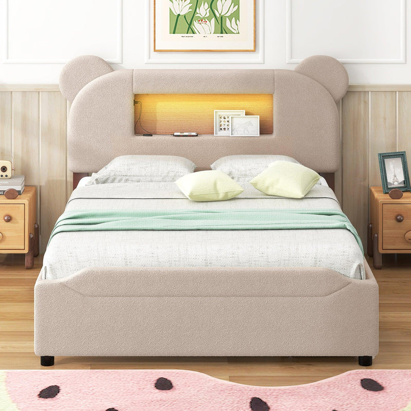 Full Size Upholstered Storage Platform Bed with Cartoon Ears Shaped Headboard, LED and USB, Beige - Supfirm