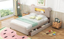 Full Size Upholstered Storage Platform Bed with Cartoon Ears Shaped Headboard, LED and USB, Beige - Supfirm