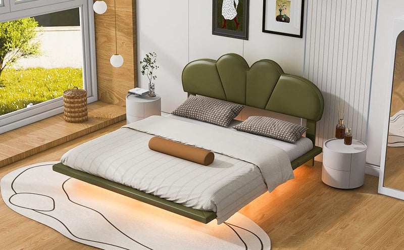 Full Size Upholstery LED Floating Bed with PU Leather Headboard and Support Legs,Green - Supfirm