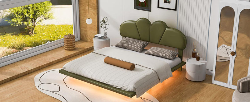 Full Size Upholstery LED Floating Bed with PU Leather Headboard and Support Legs,Green - Supfirm