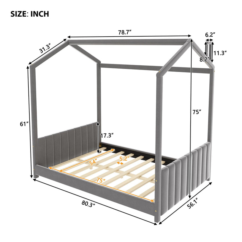 Full Size Velvet House Bed Wood Bed, Gray - Supfirm