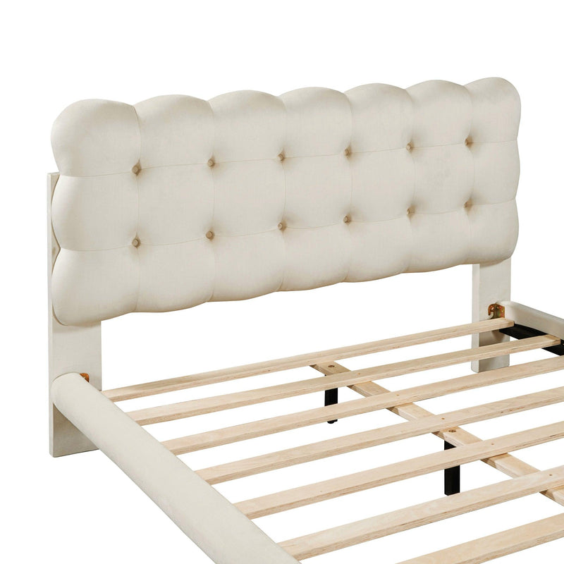 Full Size Velvet Platform Bed with LED Frame, Thick & Soft Fabric and Button-tufted Design Headboard, Beige - Supfirm