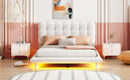 Full Size Velvet Platform Bed with LED Frame, Thick & Soft Fabric and Button-tufted Design Headboard, Beige - Supfirm