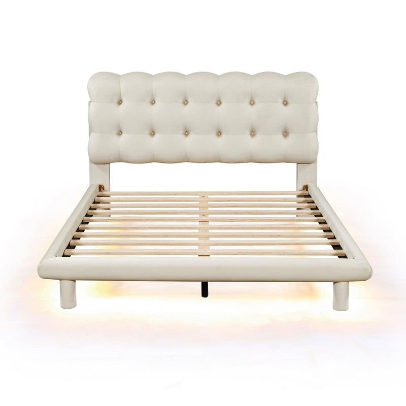 Full Size Velvet Platform Bed with LED Frame, Thick & Soft Fabric and Button-tufted Design Headboard, Beige - Supfirm