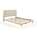 Full Size Velvet Platform Bed with LED Frame, Thick & Soft Fabric and Button-tufted Design Headboard, Beige - Supfirm