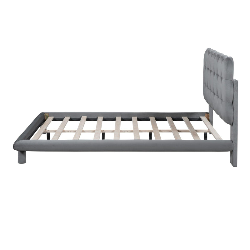 Full Size Velvet Platform Bed with LED Frame, Thick & Soft Fabric and Button-tufted Design Headboard, Gray - Supfirm