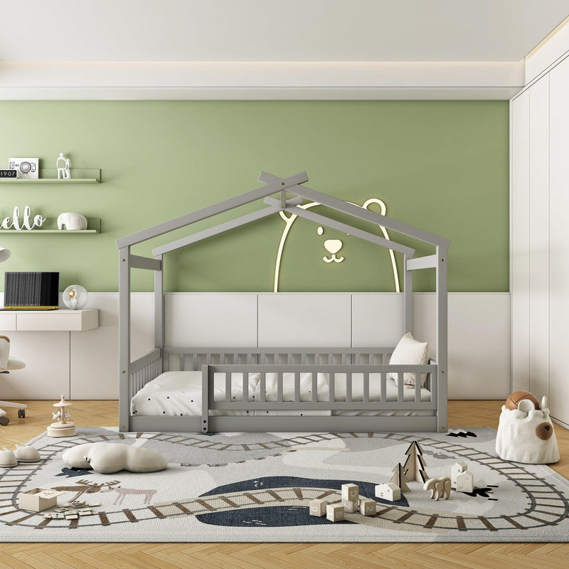 Full Size Wood Bed House Bed Frame with Fence, for Kids, Teens, Girls, Boys,Gray - Supfirm