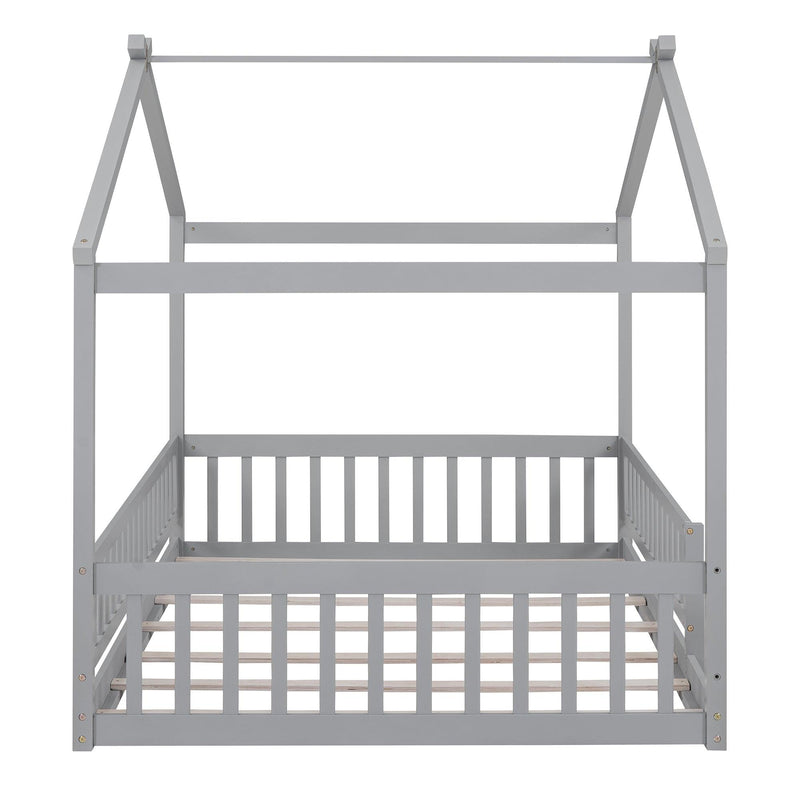 Full Size Wood Bed House Bed Frame with Fence, for Kids, Teens, Girls, Boys,Gray - Supfirm