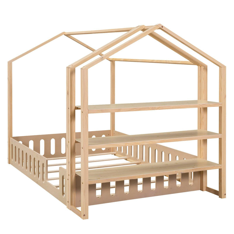 Full Size Wood House Bed with Fence and Detachable Storage Shelves, Natural (Expected Arrival Time: 1.7) - Supfirm