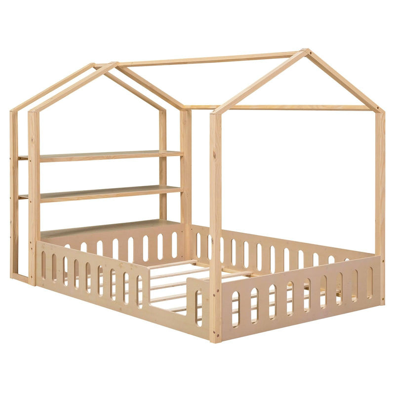 Full Size Wood House Bed with Fence and Detachable Storage Shelves, Natural (Expected Arrival Time: 1.7) - Supfirm