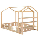 Full Size Wood House Bed with Fence and Detachable Storage Shelves, Natural (Expected Arrival Time: 1.7) - Supfirm