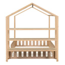 Full Size Wood House Bed with Fence and Detachable Storage Shelves, Natural (Expected Arrival Time: 1.7) - Supfirm