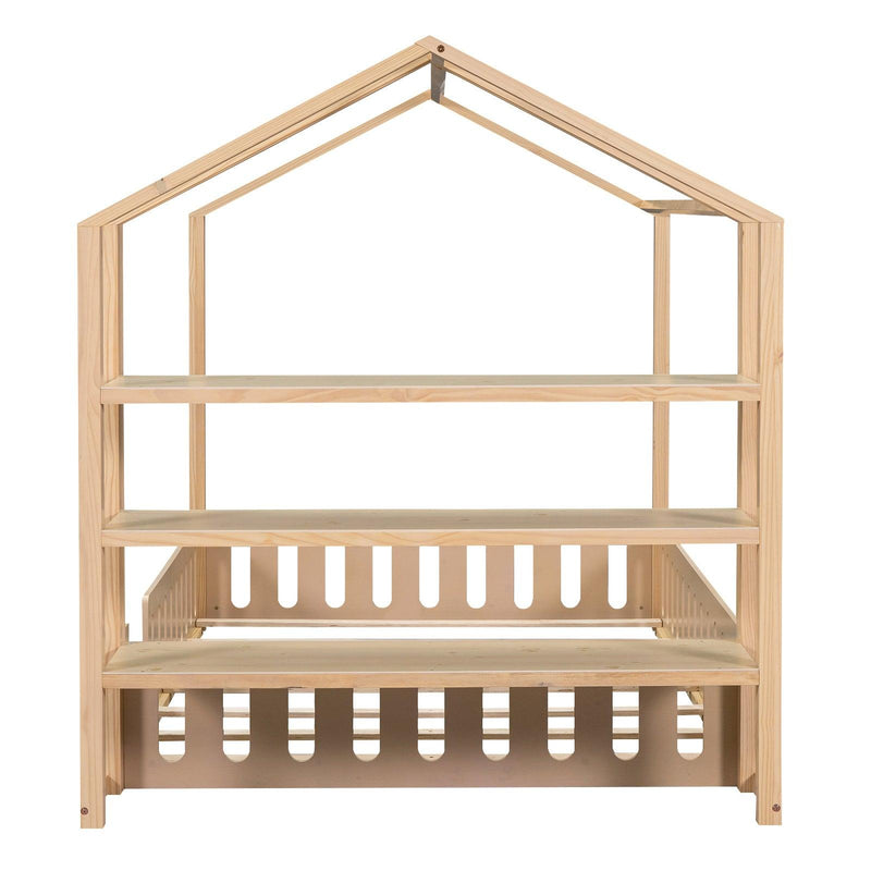 Full Size Wood House Bed with Fence and Detachable Storage Shelves, Natural (Expected Arrival Time: 1.7) - Supfirm