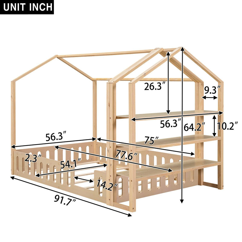 Full Size Wood House Bed with Fence and Detachable Storage Shelves, Natural (Expected Arrival Time: 1.7) - Supfirm