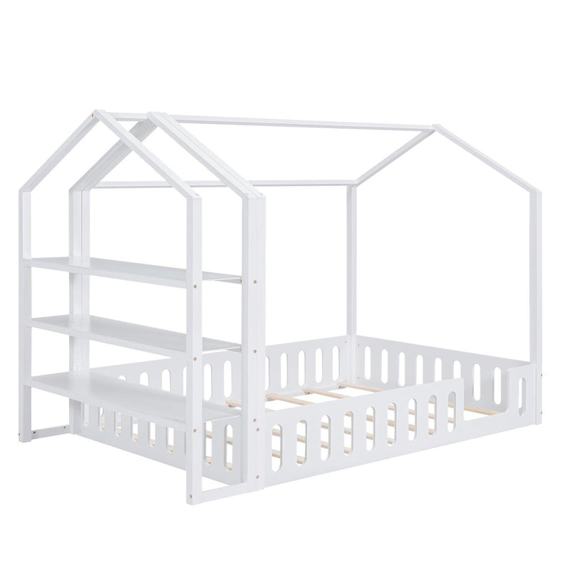 Full Size Wood House Bed with Fence and Detachable Storage Shelves, White(Expected Arrival Time: 1.7) - Supfirm