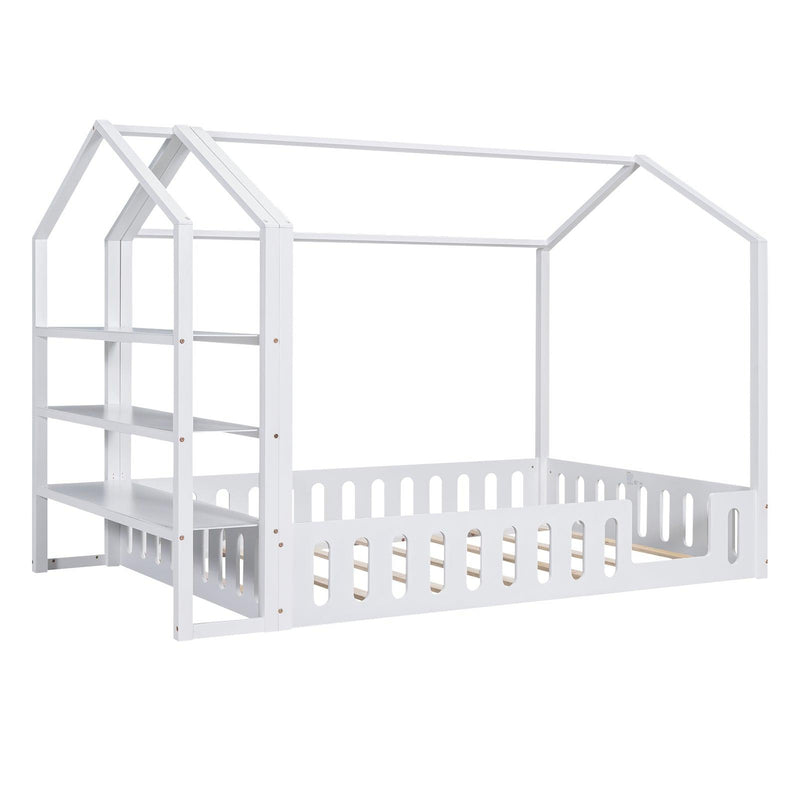 Full Size Wood House Bed with Fence and Detachable Storage Shelves, White(Expected Arrival Time: 1.7) - Supfirm