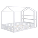 Full Size Wood House Bed with Fence and Detachable Storage Shelves, White(Expected Arrival Time: 1.7) - Supfirm