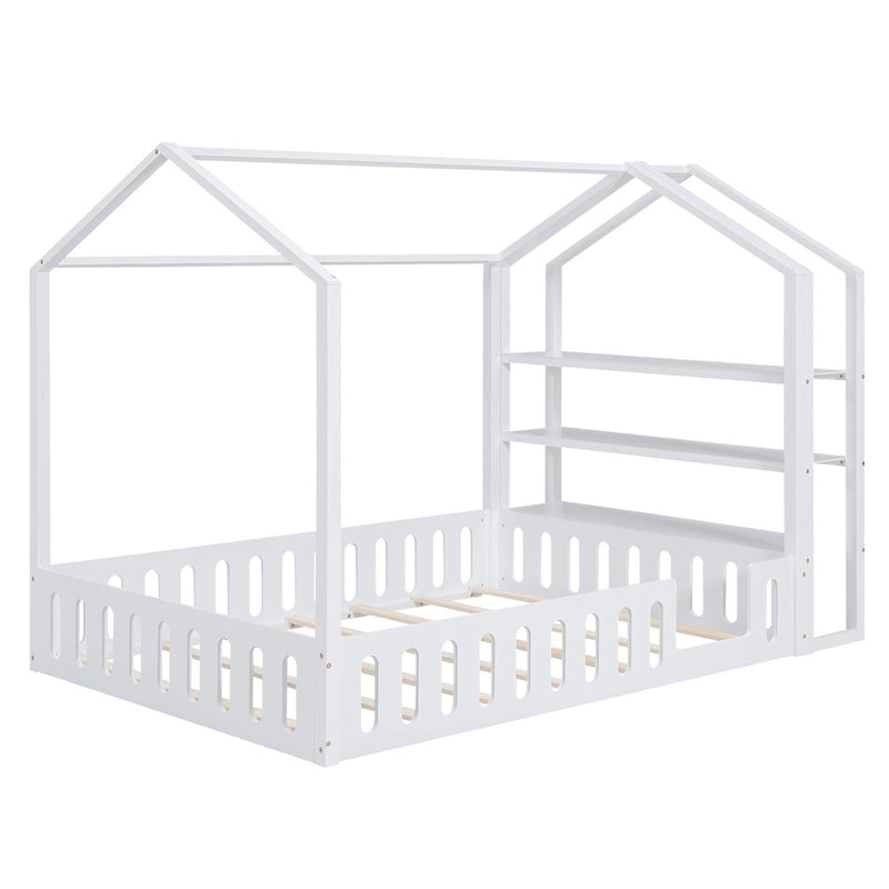 Full Size Wood House Bed with Fence and Detachable Storage Shelves, White(Expected Arrival Time: 1.7) - Supfirm