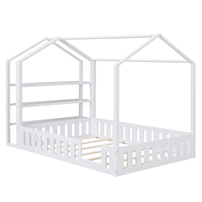 Full Size Wood House Bed with Fence and Detachable Storage Shelves, White(Expected Arrival Time: 1.7) - Supfirm