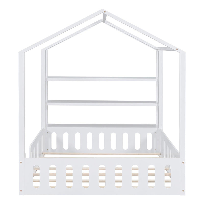 Full Size Wood House Bed with Fence and Detachable Storage Shelves, White(Expected Arrival Time: 1.7) - Supfirm