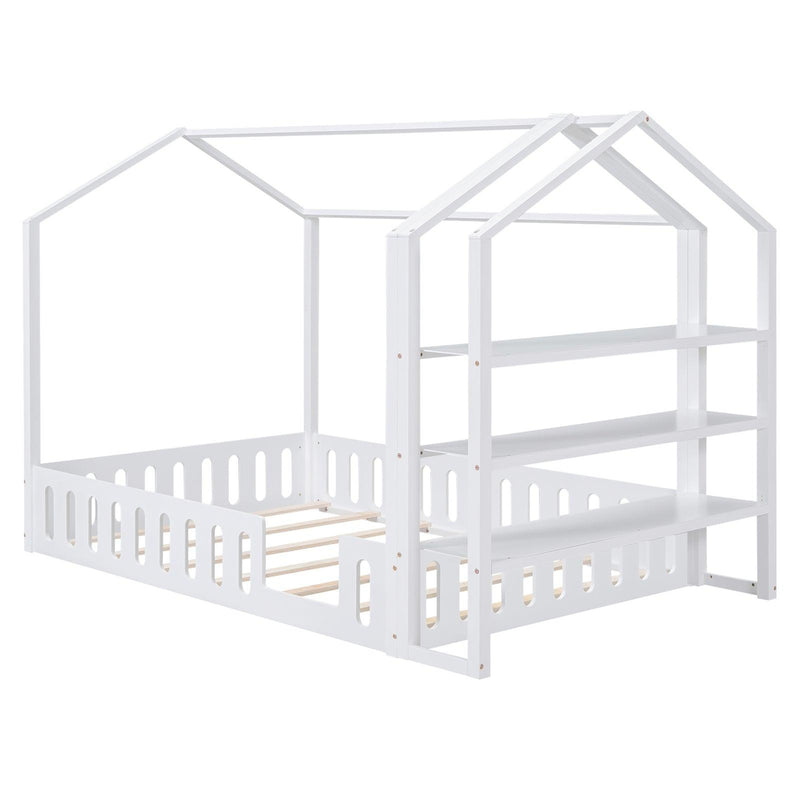 Full Size Wood House Bed with Fence and Detachable Storage Shelves, White(Expected Arrival Time: 1.7) - Supfirm