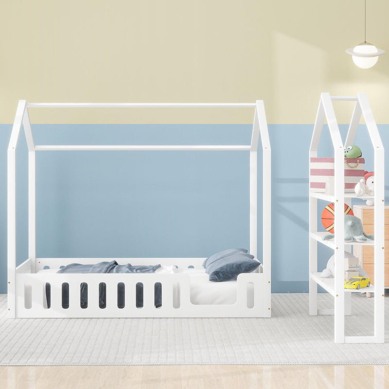 Full Size Wood House Bed with Fence and Detachable Storage Shelves, White(Expected Arrival Time: 1.7) - Supfirm