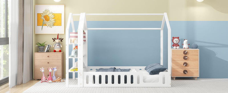 Full Size Wood House Bed with Fence and Detachable Storage Shelves, White(Expected Arrival Time: 1.7) - Supfirm