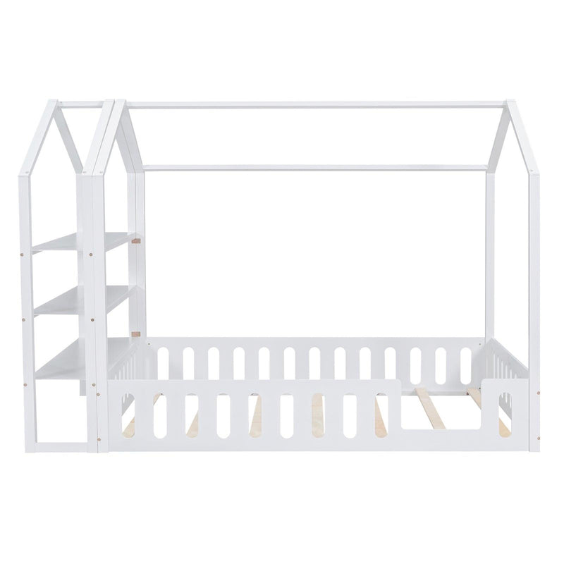 Full Size Wood House Bed with Fence and Detachable Storage Shelves, White(Expected Arrival Time: 1.7) - Supfirm