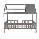 Full Size Wood House Bed with Fence, Gray - Supfirm