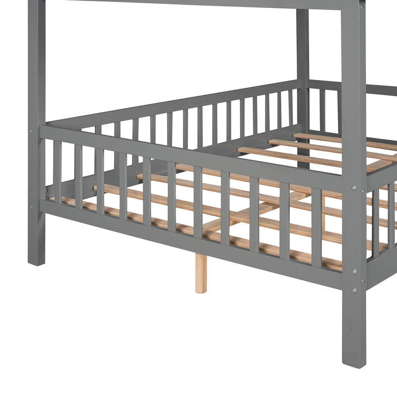 Full Size Wood House Bed with Fence, Gray - Supfirm