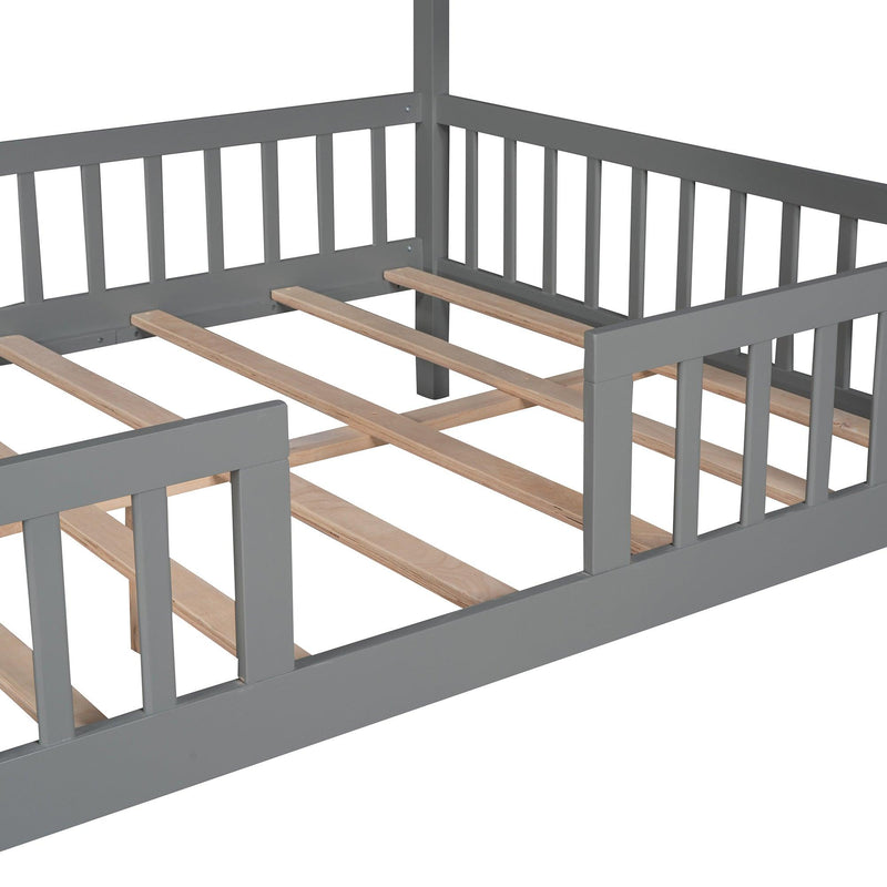 Full Size Wood House Bed with Fence, Gray - Supfirm