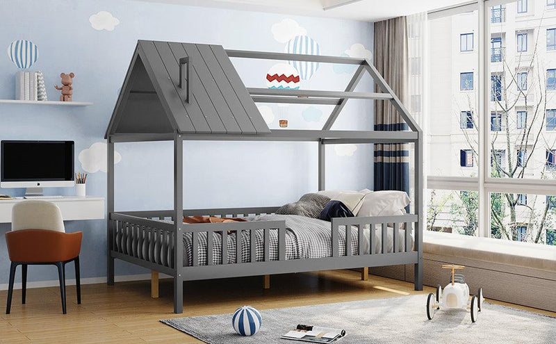 Full Size Wood House Bed with Fence, Gray - Supfirm