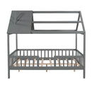 Full Size Wood House Bed with Fence, Gray - Supfirm