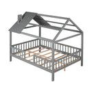 Full Size Wood House Bed with Fence, Gray - Supfirm