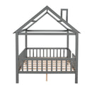 Full Size Wood House Bed with Fence, Gray - Supfirm