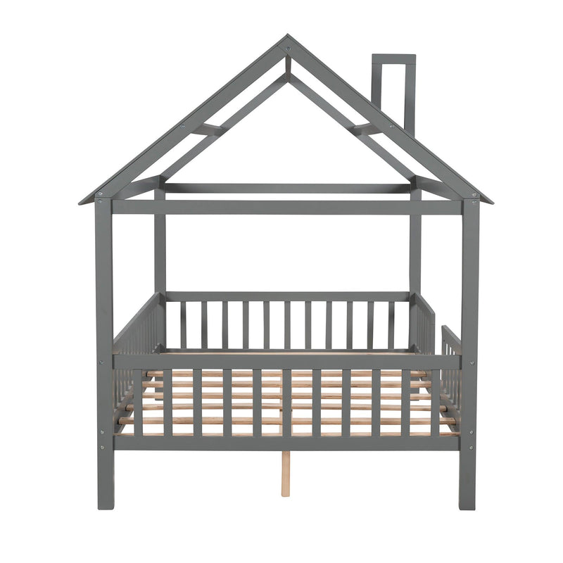 Full Size Wood House Bed with Fence, Gray - Supfirm