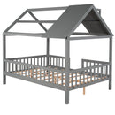 Full Size Wood House Bed with Fence, Gray - Supfirm