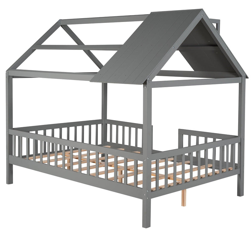 Full Size Wood House Bed with Fence, Gray - Supfirm