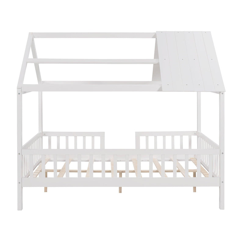 Full Size Wood House Bed with Fence, White - Supfirm