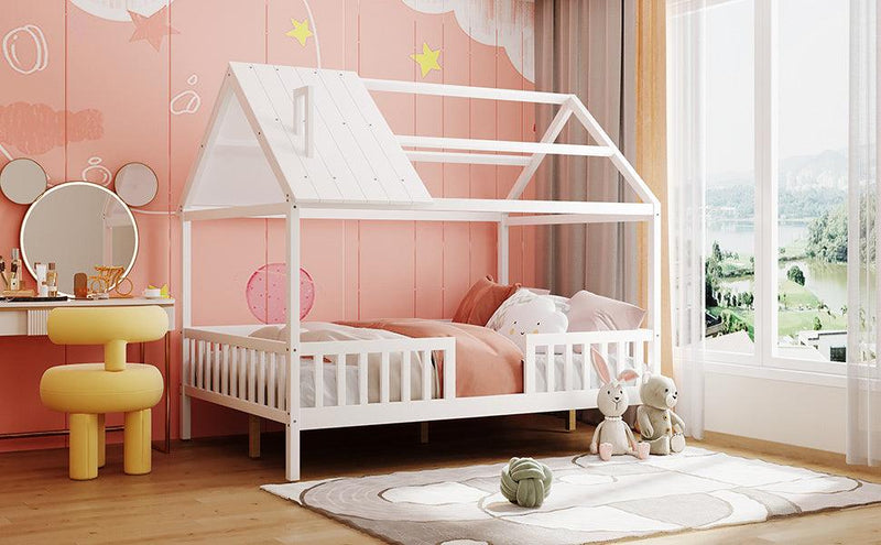 Full Size Wood House Bed with Fence, White - Supfirm