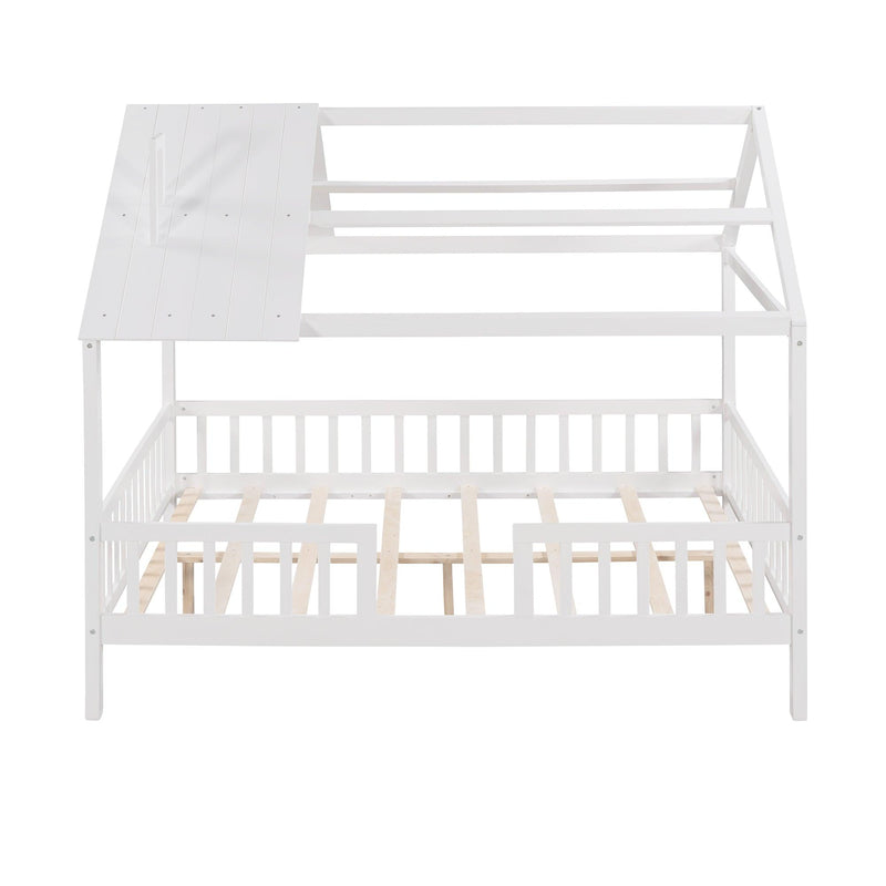 Full Size Wood House Bed with Fence, White - Supfirm